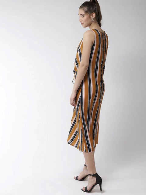 Generic Women's Polyester Striped Sleeveless Below Knee Dress (Mustard)