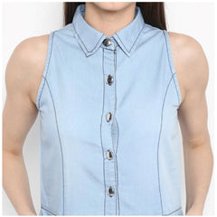 Generic Women's Denim Solid Sleeveless Below Knee Dress (Blue)
