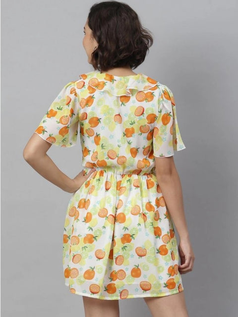 Generic Women's Polyester Printed Flutter Above Knee Dress (Yellow - Orange)