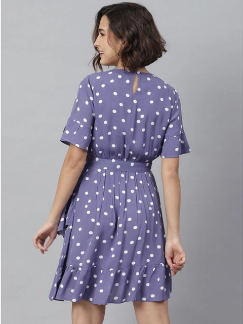 Generic Women's Polyester Polka Bell Sleeve Above Knee Dress (Lavender)