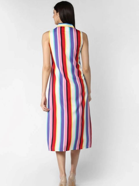 Generic Women's Polyester Striped Sleeveless Calf-length Dress (Multicolor)