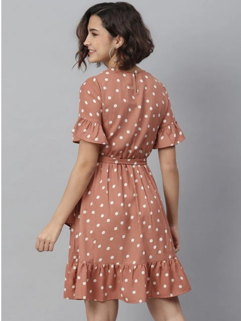 Generic Women's Polyester Polka Bell Sleeve Above Knee Dress (Brown)