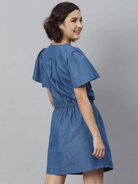 Generic Women's Denim Solid Flutter Above Knee Dress (Blue)