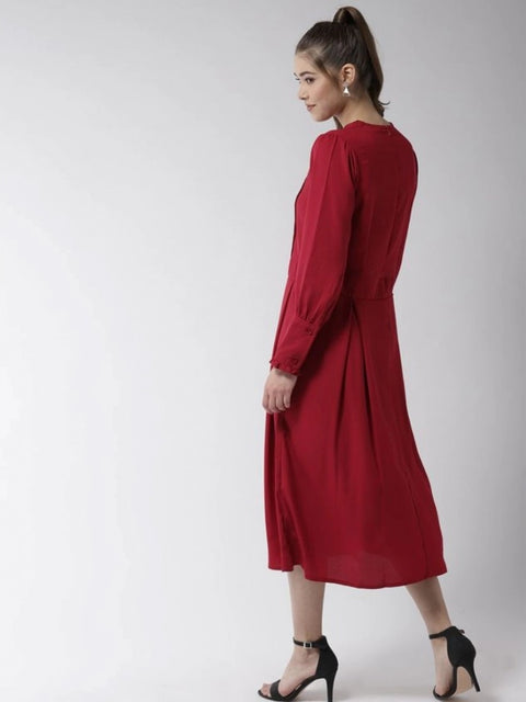 Generic Women's Polyester Pintuck Long Sleeves Below Knee Dress (Red)