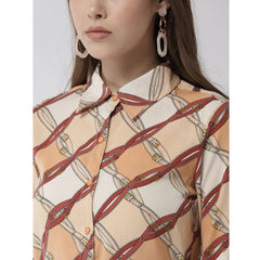 Generic Women's Polyester Printed Roll Up Sleeve Above Knee Dress (Off White - Brown)