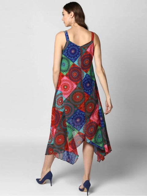 Generic Women's Polyester Asymmetrical Shoulder Straps Knee-Length Dress (Multicolor)