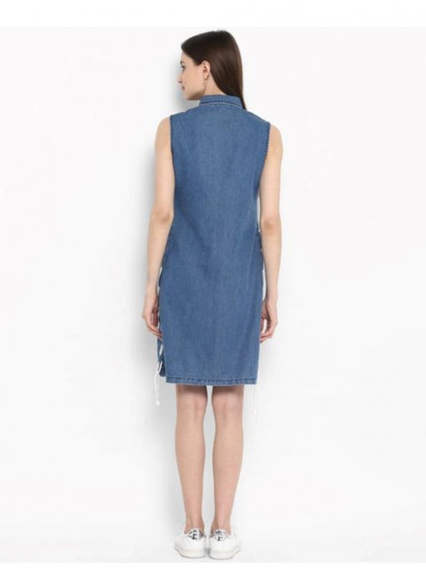 Generic Women's Denim Solid Sleeveless Above Knee Dress (Blue)