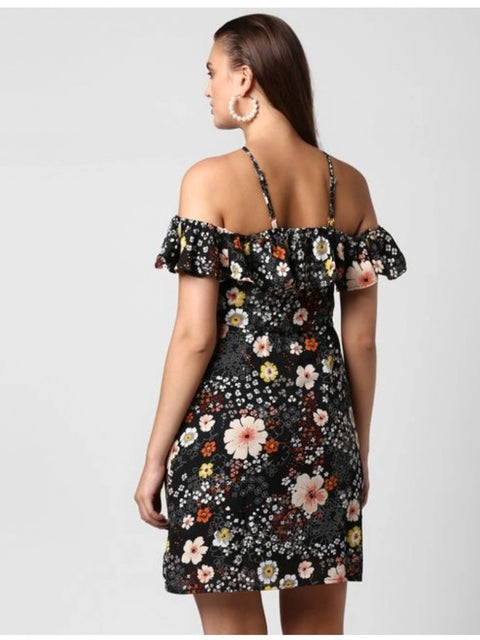 Generic Women's Polyester Floral Cold Shoulder Above Knee Dress (Black)