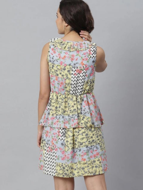 Generic Women's Polyester Peplum Sleeveless Above Knee Dress (Multicolor)