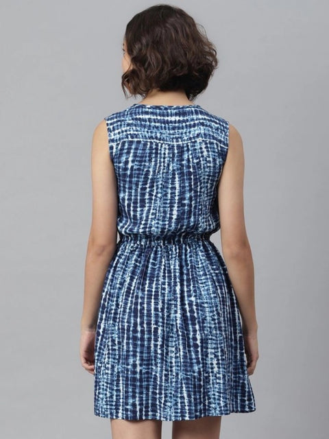 Generic Women's Rayon Tie & Dye Sleeveless Above Knee Dress (Blue)