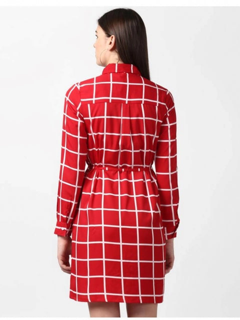 Generic Women's Polyester Checkered Long Sleeves Above Knee Dress (Red)