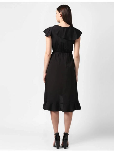 Generic Women's Polyester Ruffled Cap Sleeve Knee-Length Dress (Black)