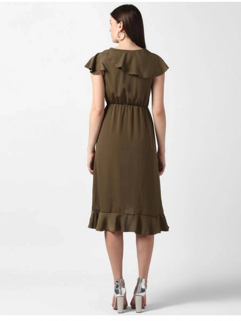 Generic Women's Polyester Ruffled Cap Sleeve Knee-Length Dress (Olive)