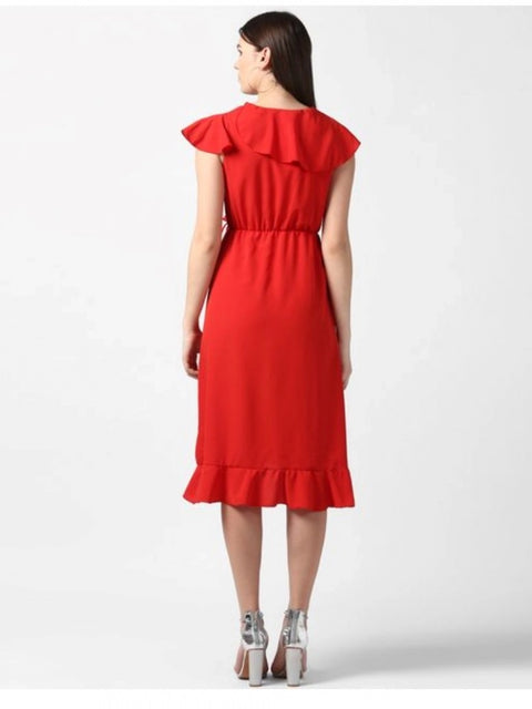 Generic Women's Polyester Ruffled Cap Sleeve Knee-Length Dress (Red)
