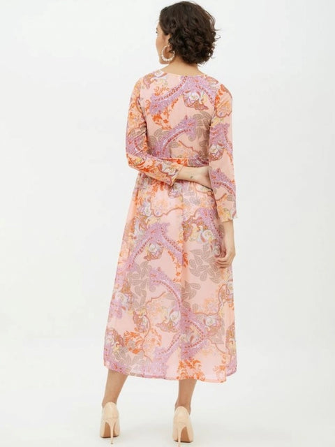 Generic Women's Polyester Printed Long Sleeves Calf-length Dress (Multicolor)