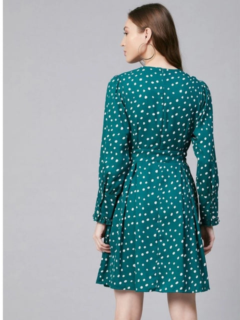 Generic Women's Polyester Polka Long Sleeves Above Knee Dress (Green - White)