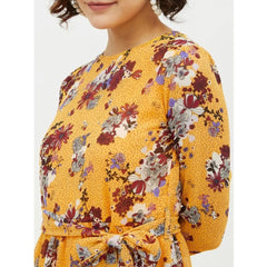 Generic Women's Polyester Floral Long Sleeves Calf-length Dress (Multicolor)