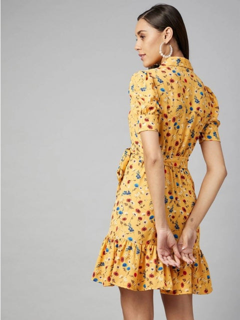 Generic Women's Polyester Floral Short Sleeve Above Knee Dress (Yellow)