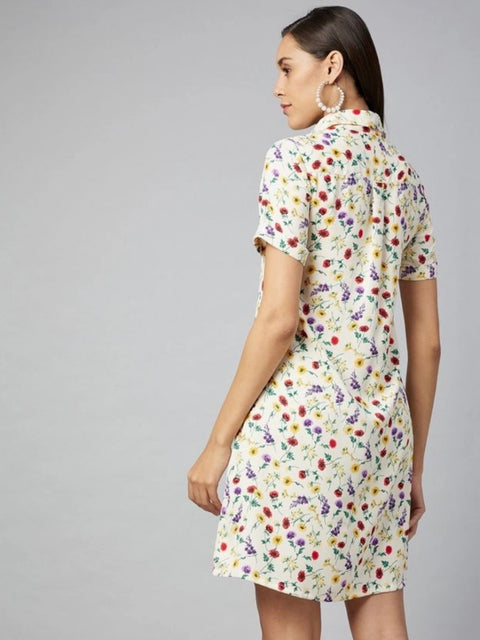 Generic Women's Polyester Floral Short Sleeve Above Knee Dress (Multicolor)