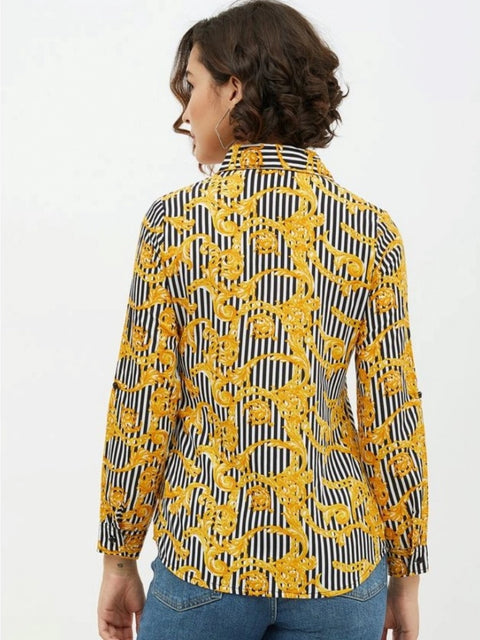 Generic Women's Polyester Printed Roll Up Sleeve Standard Length Shirt (Mustared)
