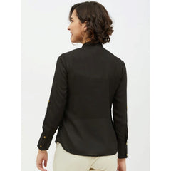Generic Women's Polyester Ruffled Long Sleeves Standard Length Shirt (Black)