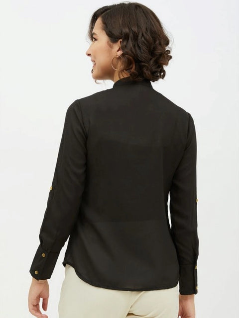 Generic Women's Polyester Ruffled Long Sleeves Standard Length Shirt (Black)