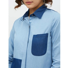 Generic Women's Denim Patch Work Long Sleeves Standard Length Shirt (Blue)