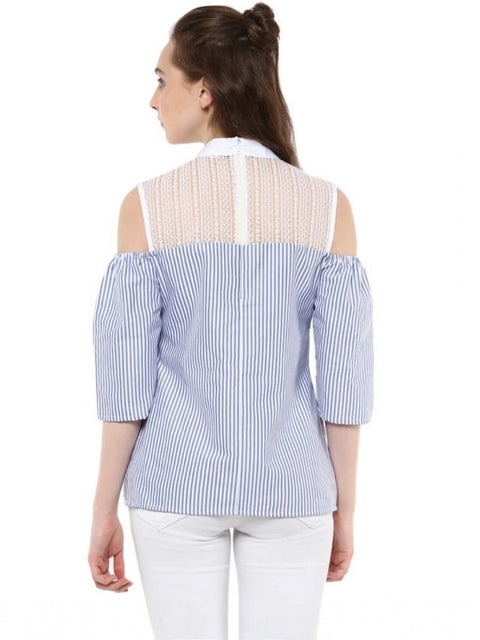 Generic Women's Cotton Striped Cold Shoulder Top (Blue)