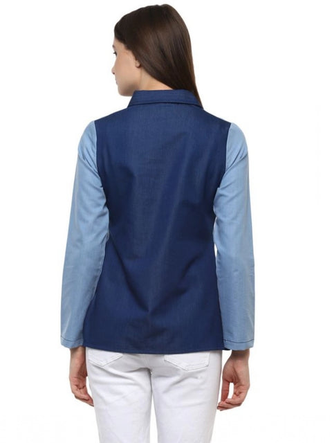 Generic Women's Denim Patch Work Long Sleeves Regular Top (Blue)