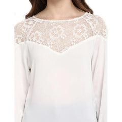 Generic Women's Polyester Georgette Self Design 3-4th Sleeves Regular Top (White)