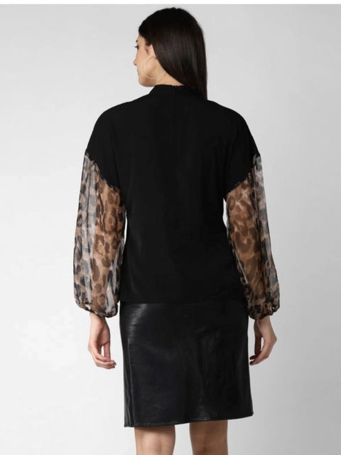 Generic Women's Polyester Animal Print Long Sleeves Top (Black)