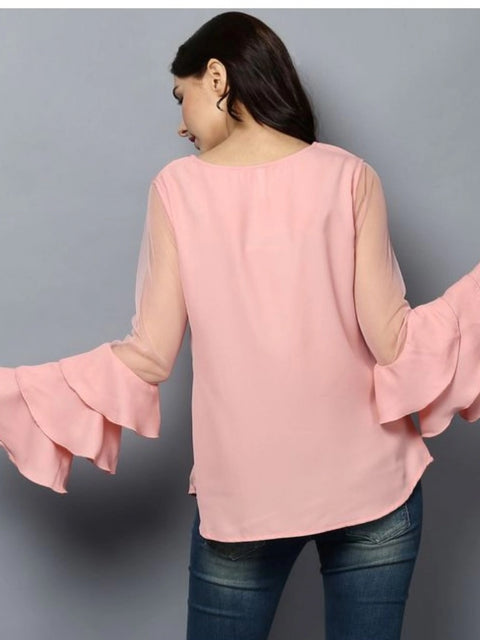 Generic Women's Polyester Solid Tier Sleeve Top (Pink)