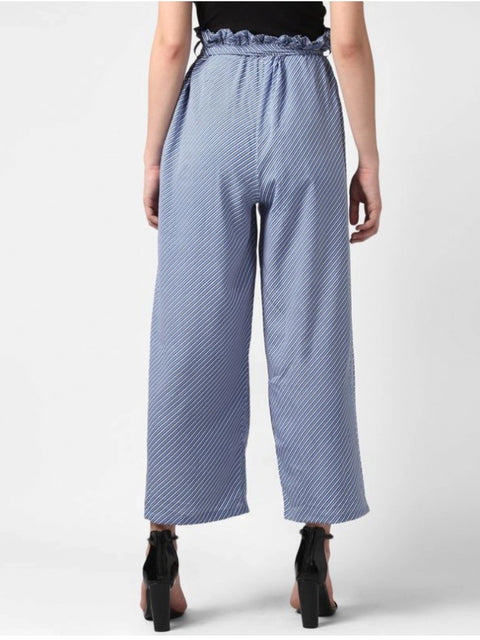 Generic Women's Polyester Striped Elasticated Trousers (Blue)