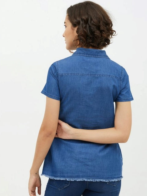 Generic Women's Denim Peplum Short Sleeve Top (Blue)