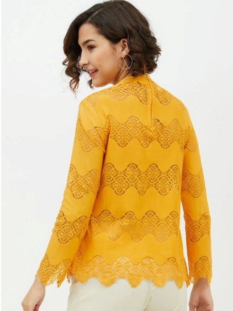 Generic Women's Cotton Lace Inserts Long Sleeves Top (Yellow)