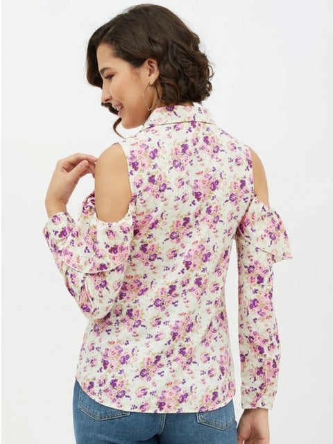Generic Women's Polyester Floral Cold Shoulder Standard Length Shirt (White)