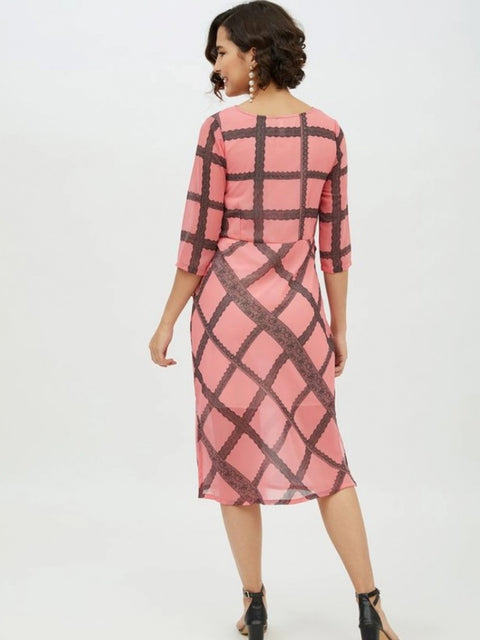 Generic Women's Polyester Checkered 3-4th Sleeves Below Knee Dress (Pink)