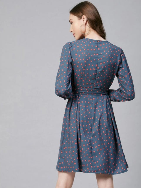 Generic Women's Polyester Polka Long Sleeves Above Knee Dress (Grey - Coral)