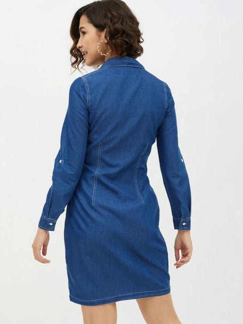 Generic Women's Denim Solid Long Sleeves Above Knee Dress (Blue)