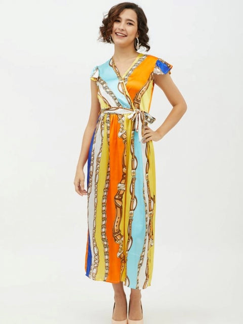 Generic Women's Satin Chain Print Cap Sleeve Calf-length Dress (Multicolor)