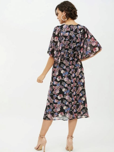 Generic Women's Polyester Chain Print Cap Sleeve Calf-length Dress (Multicolor)