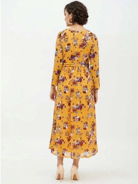 Generic Women's Polyester Floral Long Sleeves Calf-length Dress (Multicolor)