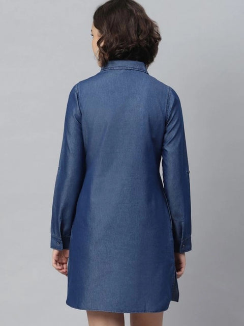 Generic Women's Denim Solid Long Sleeves Above Knee Dress (Navy Blue)