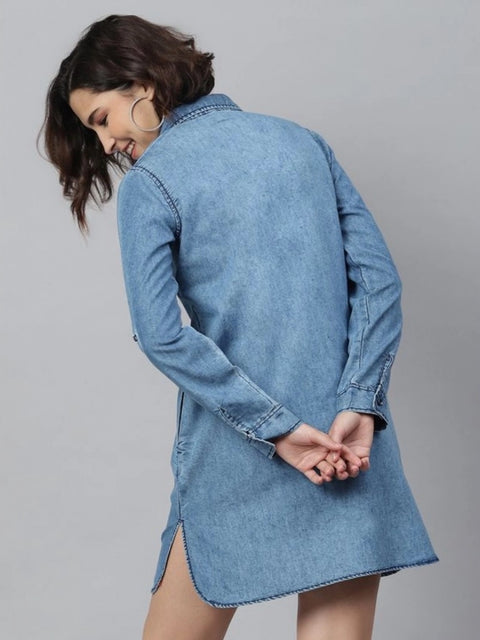 Generic Women's Denim Solid Long Sleeves Above Knee Dress (Ice Blue)