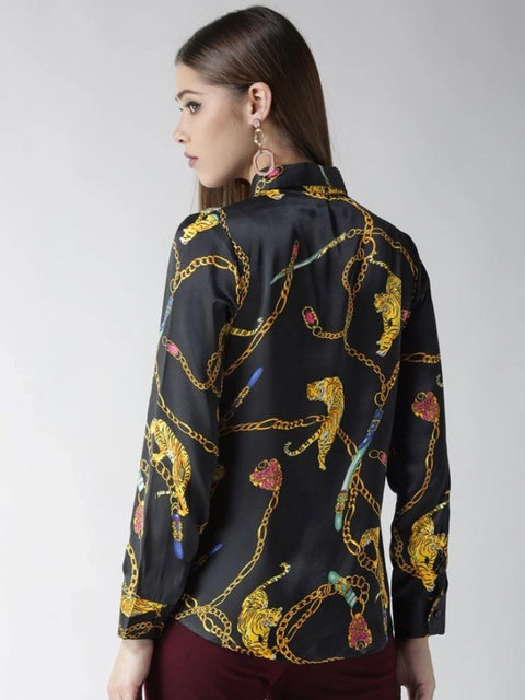 Generic Women's Satin Printed Long Sleeves Standard Length Shirt (Black - Gold)