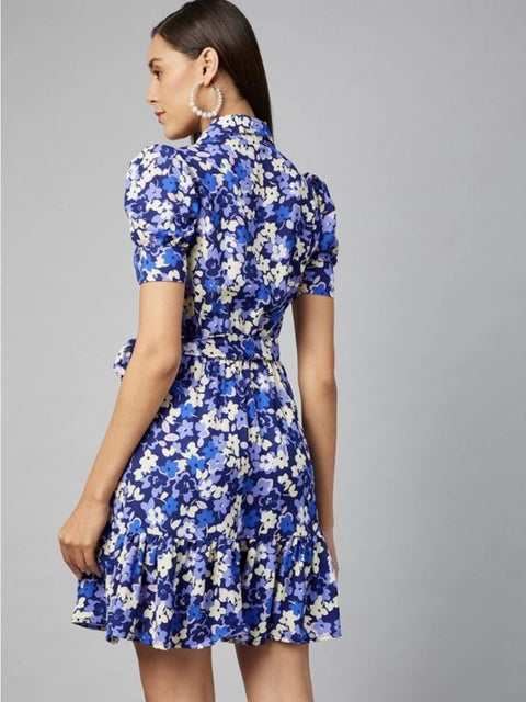 Generic Women's Polyester Floral Short Sleeve Above Knee Dress (Blue - Purple)