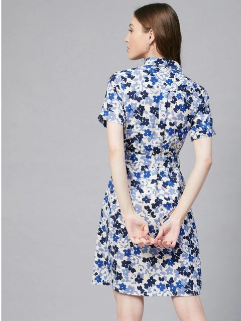 Generic Women's Polyester Floral Short Sleeve Above Knee Dress (Blue - White)