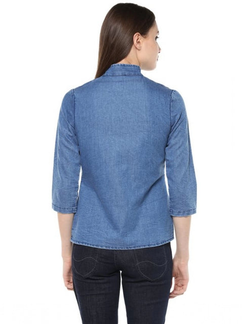 Generic Women's Denim Solid 3-4th Sleeves Regular Top (Blue)