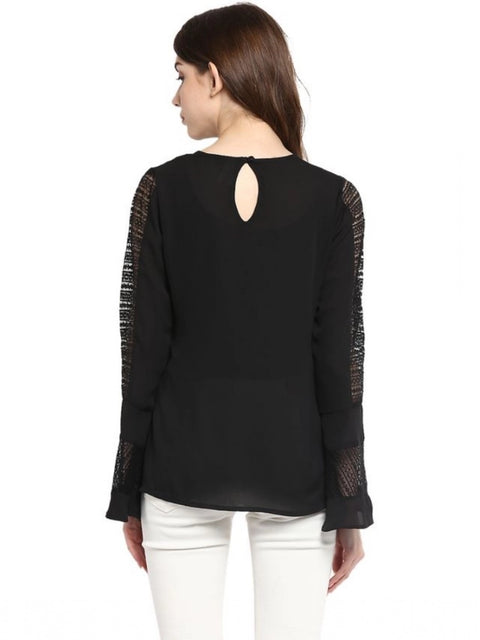 Generic Women's Polyester Georgette Self Design Bell Sleeve Regular Top (Black)