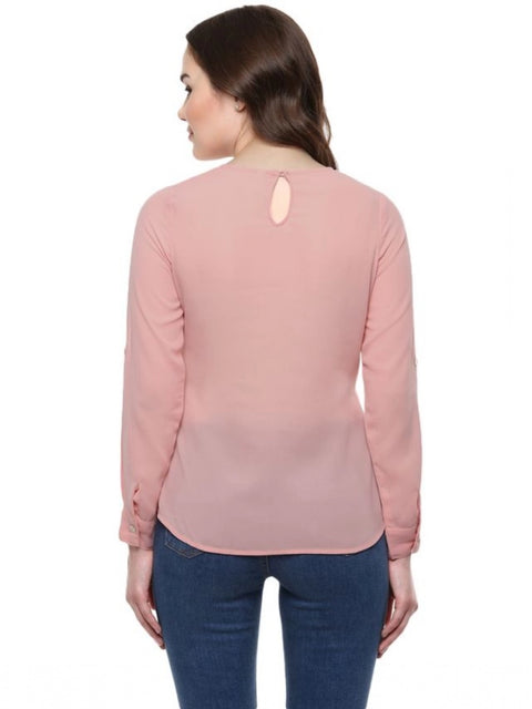 Generic Women's Polyester Solid Long Sleeves Regular Top (Pink)